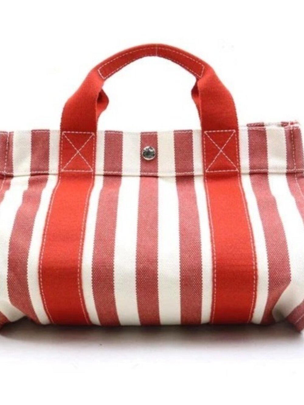 Auth HERMES Cannes PM Handbag Tote Bag Red/Off White Cotton/Silvertone - e61091g